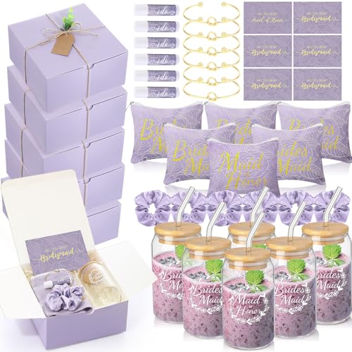 FillTouch 54 Pcs Bridesmaid Proposal Gifts Will You Be My Bridesmaid Maid of Honor Bride Gifts Include Gift Box Makeup Bag Invited Card Glass Cup Lip Balm Scrunchie Knotted BraceletPurple - Image 1