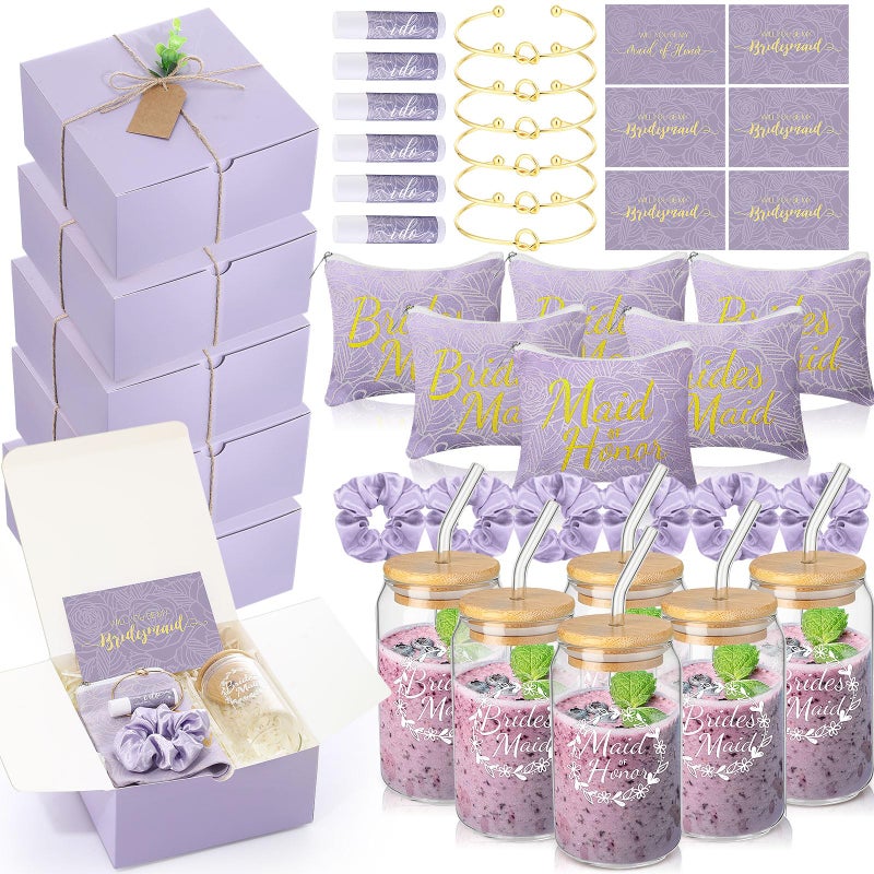 FillTouch 54 Pcs Bridesmaid Proposal Gifts Will You Be My Bridesmaid Maid of Honor Bride Gifts Include Gift Box Makeup Bag Invited Card Glass Cup Lip Balm Scrunchie Knotted BraceletPurple - Image 2