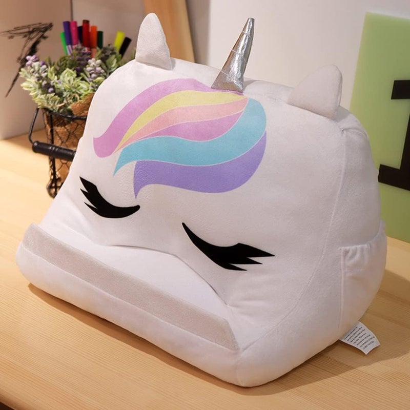 Dpofirs Pillow Tablet Stand, Soft Plush Tablet Holder with Storage Pockets for Kids, Compatible with pads Tablet Phone, Sturdy Fluffy Cushion for Home Travel School Birthday Christmas (white) - Image 2