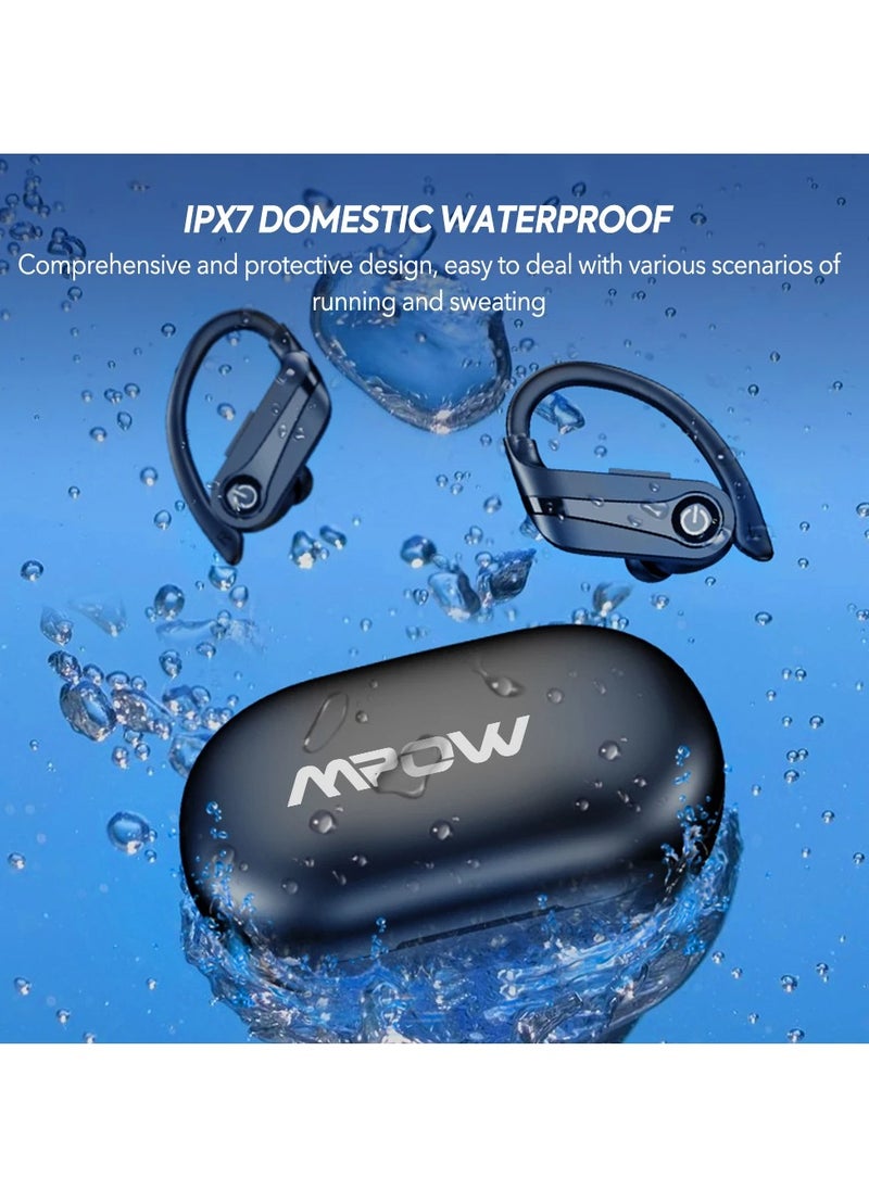 Mpow - Q63 Wireless Earbuds, Bluetooth 5.3 Ipx7 Waterproof Headphones, Digital LED Display Over Ear Earphones, Noise Cancelling Headsets For Sports Running Workout Gym, (Black Design A) - Image 1