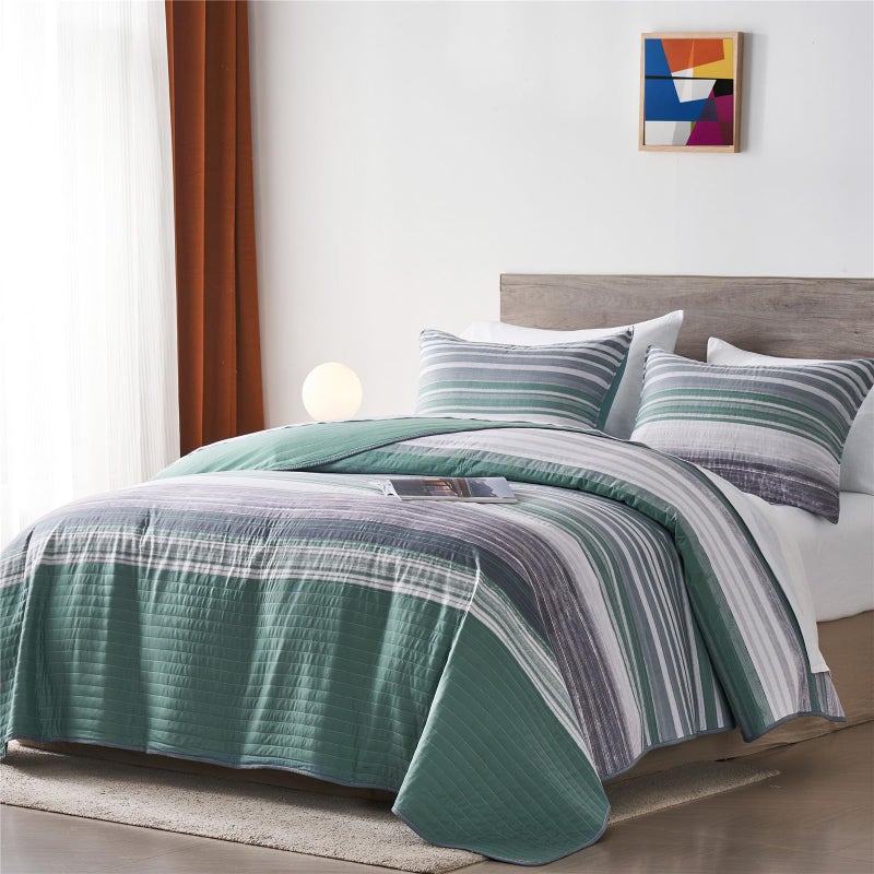 KAKIJUMN KAKIJUMN King/Cal King Quilt Bedding Set  White Grey and Green Patchwork Striped Quilt Set  2 Pieces Soft Lightweight Bedspread Coverlet Set with 1 Pillow Sham(Green King)  - Image 2