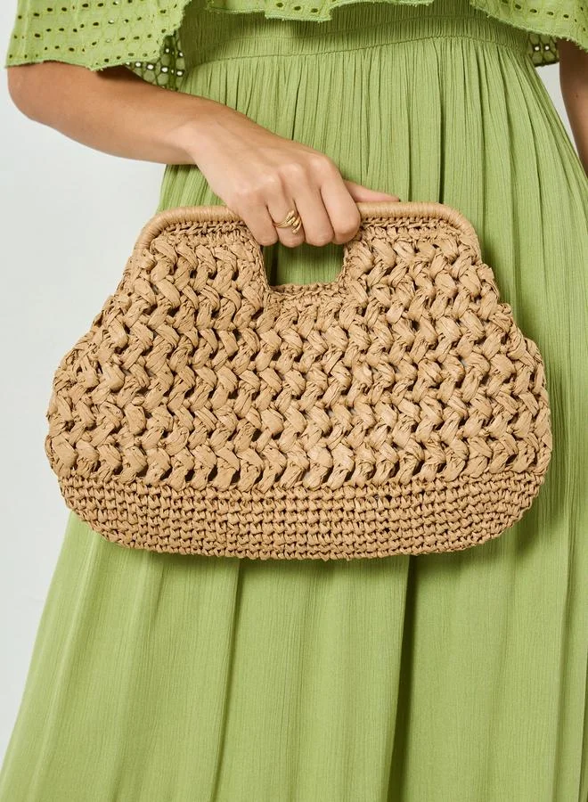 Styli Khaki Raffia Woven Clutch Bag