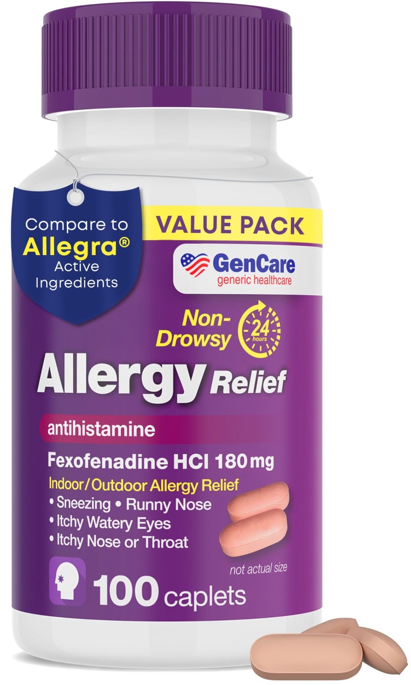 GenCare Allergy Relief Pills Fexofenadine 180mg 24 Hour NonDrowsy Allergy Medicine Antihistamine Compare to Allegra 24 Hour Non Drowsy Pills for Itchy Eyes Runny Nose Hives 100 Count