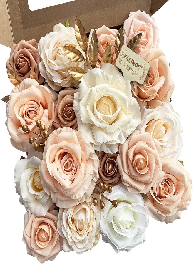 FACINOC Roses Artificial Flowers Bouquet Combo Box Set Fake Flowers Bulk for DIY Bridal Baby Shower Decorations Wedding Centerpieces for Table Silk Floral Arrangements Party Home Decor Indoor Peach - Image 1