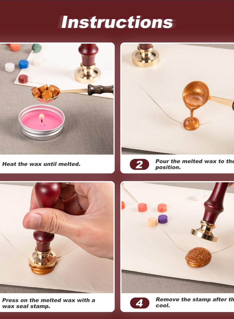 Vintage Wax Seal Stamp Set with 6 Unique Stamp Heads (Tree of Life, Bee, Rosemary, Compass, Feather, For You) and 1 Wooden Handle for Wedding Invitations, Card Envelopes, and Gift Wrapping. - Image 3