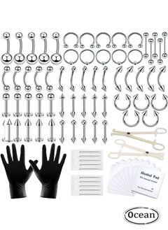 Generic Piercing Kit 14G, 84Pcs 16G Nose Septum Rings Piercing Jewelry for Ear Lip Belly Button Tongue Tragus Cartilage Body Piercing Tools Kit with Piercing Needle Silver  - Image 1