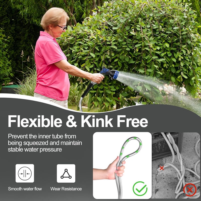 SPECILITE 50ft 304 Stainless Steel Garden Hose Metal, Heavy Duty Water Pipe with Nozzles for Yard, Outdoor - Flexible, Never Kink & Tangle, Puncture Resistant (Sliver) - Image 4
