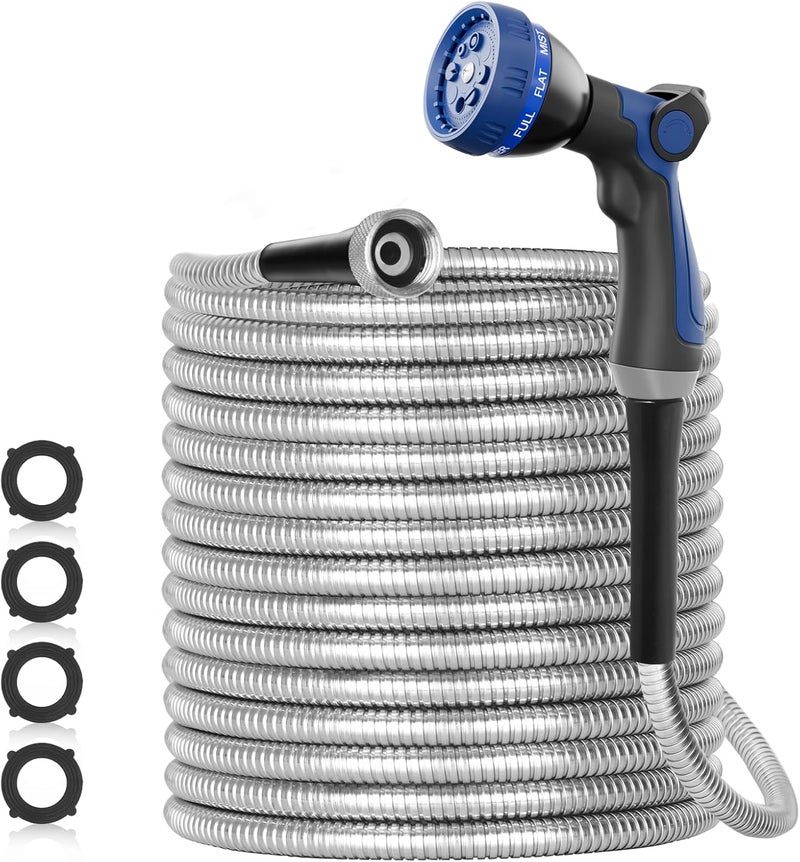 SPECILITE 50ft 304 Stainless Steel Garden Hose Metal, Heavy Duty Water Pipe with Nozzles for Yard, Outdoor - Flexible, Never Kink & Tangle, Puncture Resistant (Sliver) - Image 1