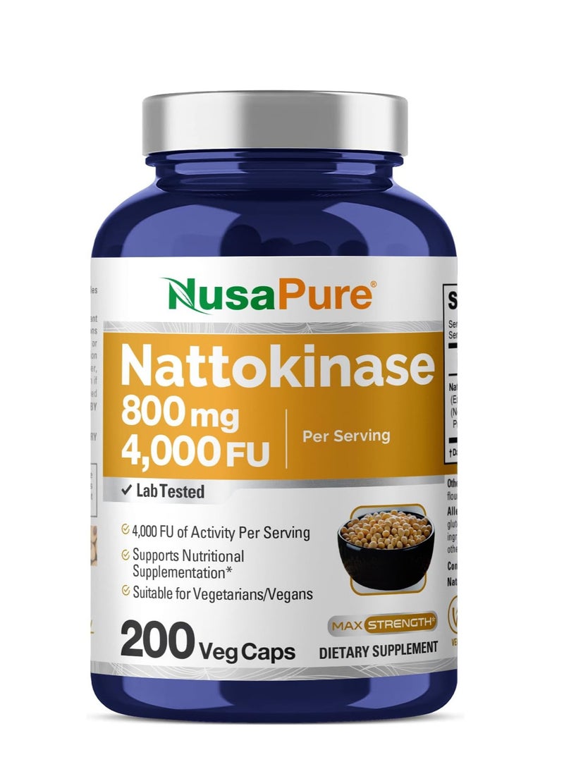 NusaPure Nattokinase 4000 FU 800mg, 200 Veggie Capsules (Vegan, Non-GMO) - Image 1