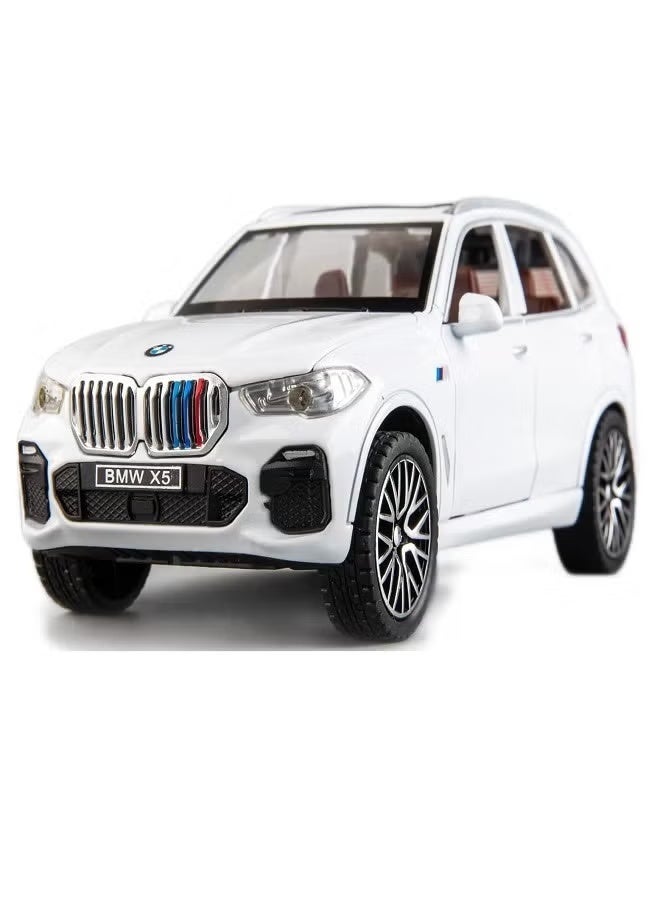 داي كاست 1:32 متوافقة مع نموذج سيارة BMW X5 SUV، سيارة لعبة من سبائك الزنك قابلة للسحب للخلف مع صوت وضوء للأطفال والكبار (أبيض) - Image 1