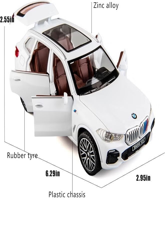 داي كاست 1:32 متوافقة مع نموذج سيارة BMW X5 SUV، سيارة لعبة من سبائك الزنك قابلة للسحب للخلف مع صوت وضوء للأطفال والكبار (أبيض) - Image 2
