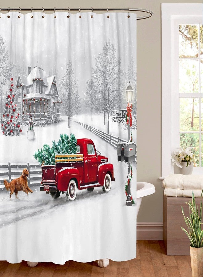 Jbralid Winter Christmas Shower Curtain White Snow Vintage Red Truck Holiday Trees and Pet Dog Welcome Home Bathroom Shower Curtain with Hooks Waterproof Home Decor Curtain 72x72 Inch - Image 1