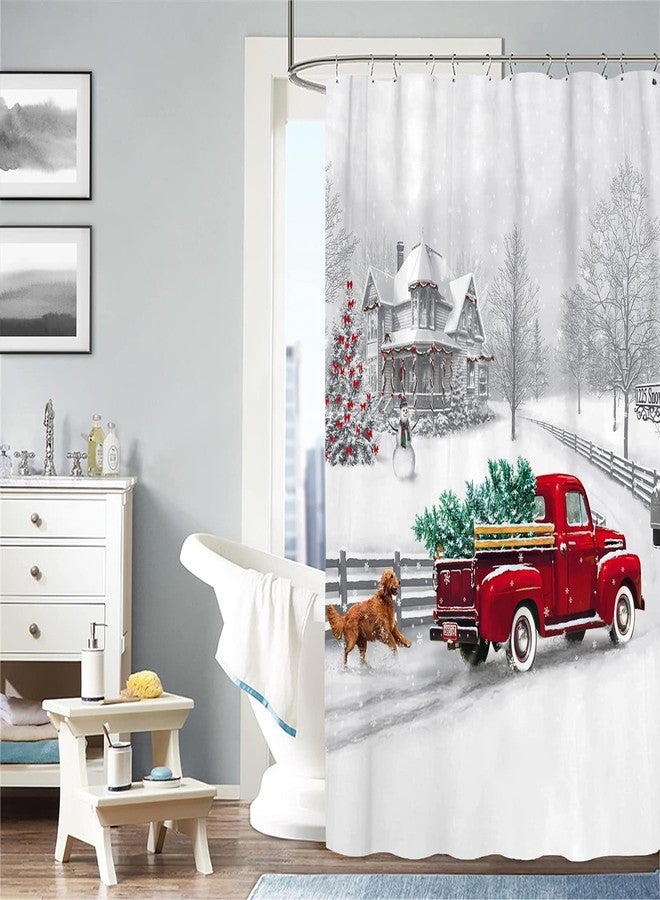 Jbralid Winter Christmas Shower Curtain White Snow Vintage Red Truck Holiday Trees and Pet Dog Welcome Home Bathroom Shower Curtain with Hooks Waterproof Home Decor Curtain 72x72 Inch - Image 2