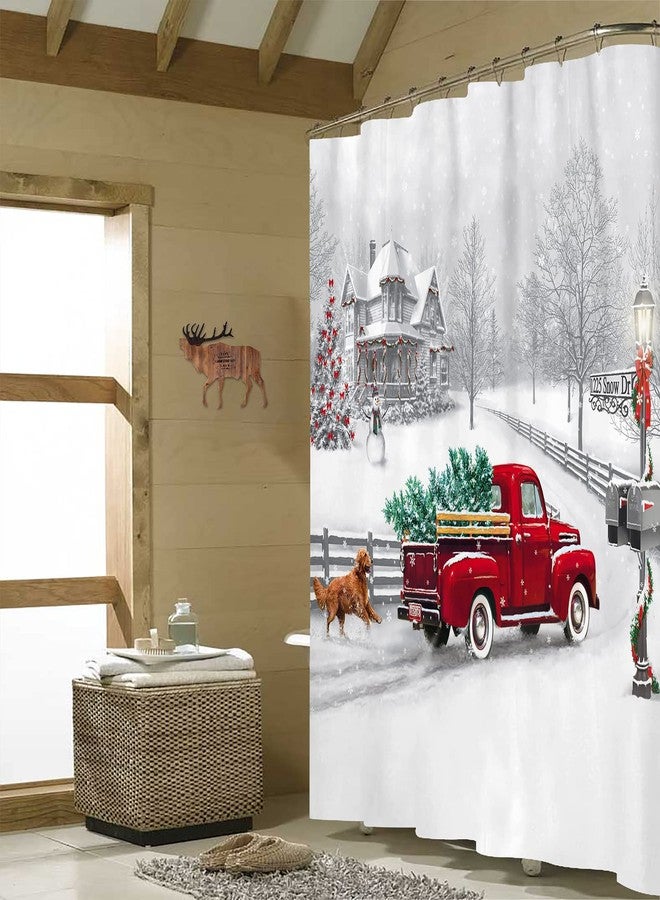 Jbralid Winter Christmas Shower Curtain White Snow Vintage Red Truck Holiday Trees and Pet Dog Welcome Home Bathroom Shower Curtain with Hooks Waterproof Home Decor Curtain 72x72 Inch - Image 3