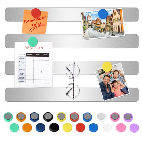 Climberty® 4 Pack Magnetic Stainless Memo Board Strip Message Board with 20 Pcs Color Magnets, Adhesive Backing Bulletin Bar Board for Office, Home, Photo Wall, Documents and Fridge (Silver) - Image 1
