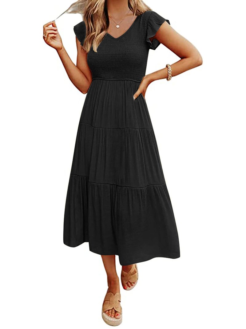MEROKEETY Womens Flutter Short Sleeve Smocked Midi Dress Summer Casual Tiered A Line Dress Black L