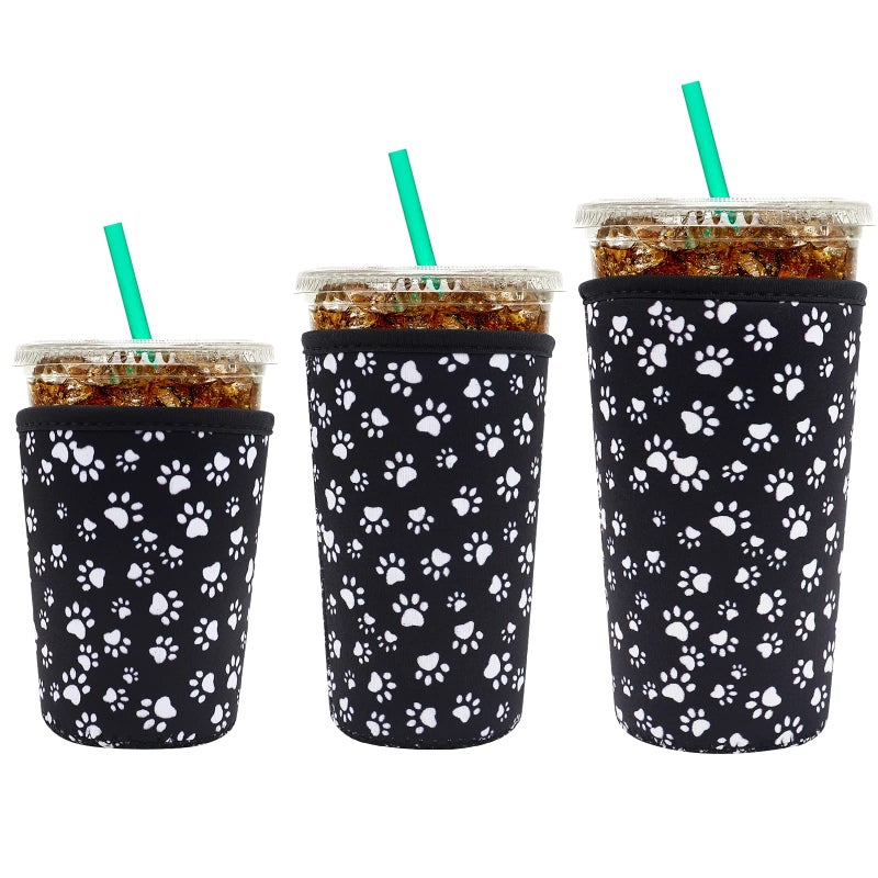 Reusable Neoprene Insulator Sleeve for Iced Coffee Cups 3 Pack Coffee Coolies sleeves for Iced Hot Drinks Cold Beverage Cooler Compatible with Starbucks Coffee and More Paw