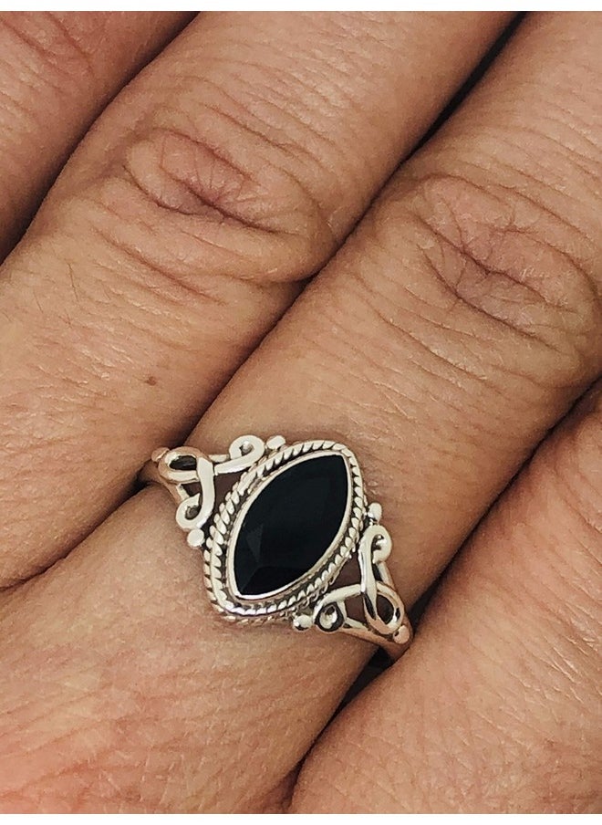 Koral Jewelry - Cut Marquise Black Onyx Ethnic Delicate Ring 925 Sterling Silver Vintage Tribal Gipsy Boho Look (5) - Image 1