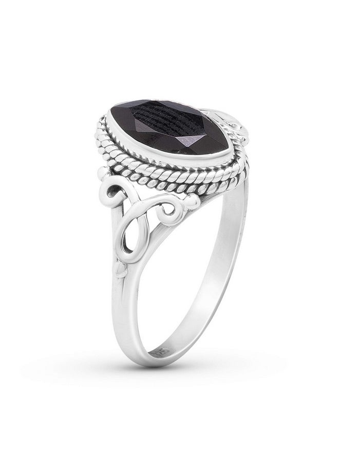 Koral Jewelry - Cut Marquise Black Onyx Ethnic Delicate Ring 925 Sterling Silver Vintage Tribal Gipsy Boho Look (5) - Image 1