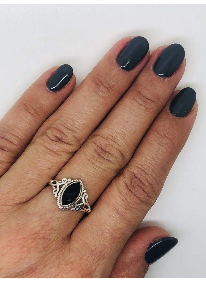 Koral Jewelry - Cut Marquise Black Onyx Ethnic Delicate Ring 925 Sterling Silver Vintage Tribal Gipsy Boho Look (5) - Image 1