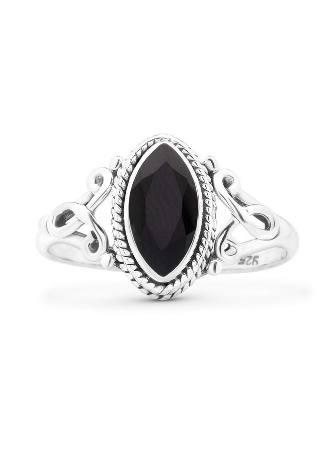 Koral Jewelry - Cut Marquise Black Onyx Ethnic Delicate Ring 925 Sterling Silver Vintage Tribal Gipsy Boho Look (5) - Image 1