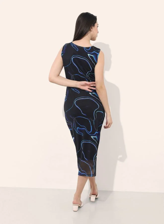 Freehand  Women Regular Fit Abstract Printed Round Neck Sleeveless Midi Dress for Women | Best Price UAE