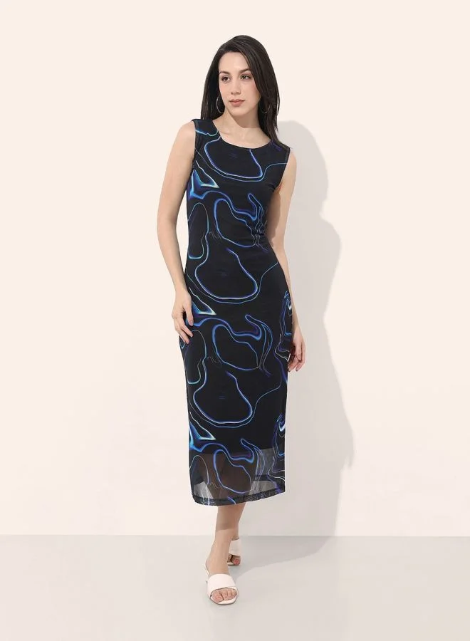 Freehand  Women Regular Fit Abstract Printed Round Neck Sleeveless Midi Dress for Women | Best Price UAE