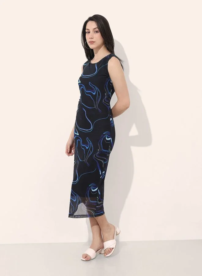 Freehand  Women Regular Fit Abstract Printed Round Neck Sleeveless Midi Dress for Women | Best Price UAE