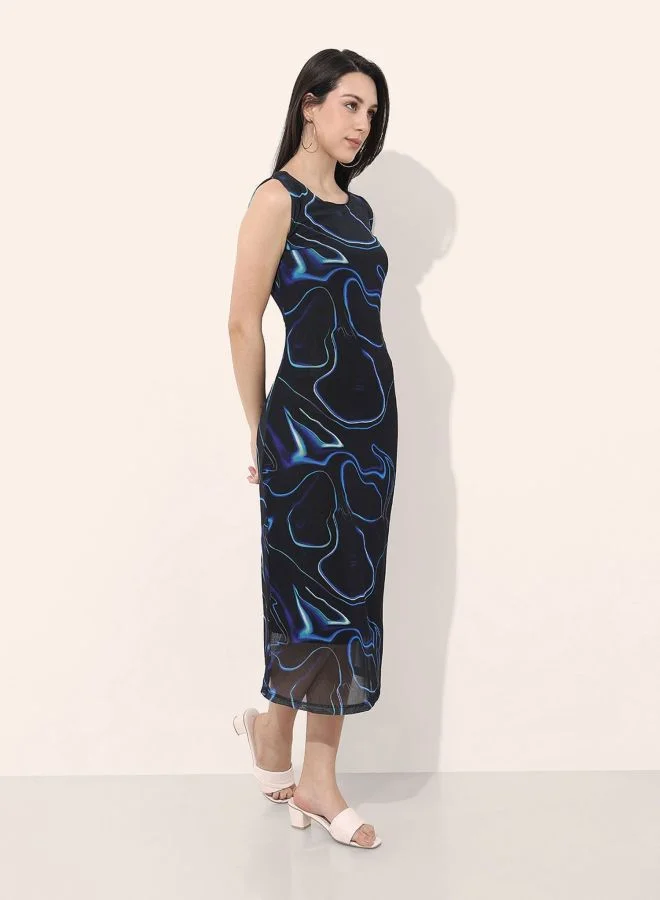 Freehand  Women Regular Fit Abstract Printed Round Neck Sleeveless Midi Dress for Women | Best Price UAE