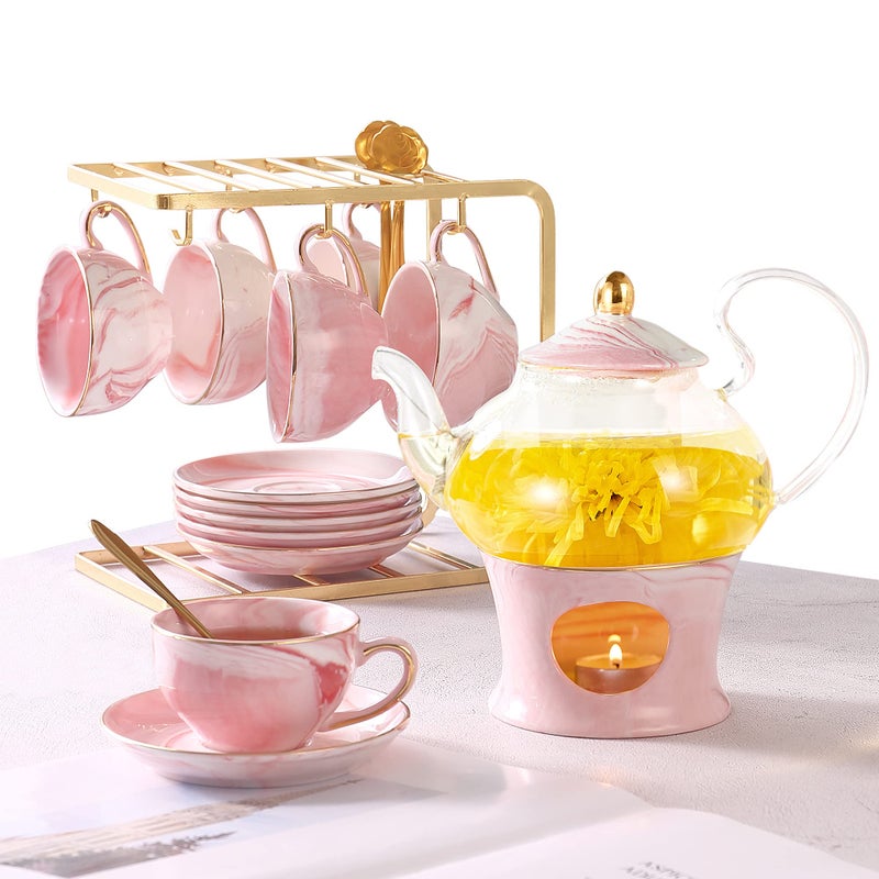 DUJUST 21 pcs Small Tea Set of 6 Pink Marble Set Handcraft Golden Trim Porcelain Tea Pot Set for KidsAdults 1 Glass Teapot22oz 6 Cups4oz 6 Saucers 6 Spoons 1 Shelf1 Warmer