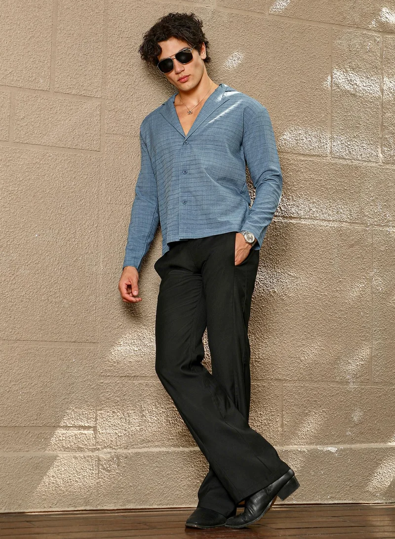 Campus Sutra Men's Azure Blue Striped Cuban Shirt