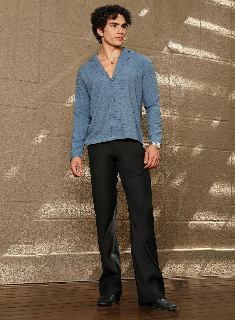 Campus Sutra Men's Azure Blue Striped Cuban Shirt