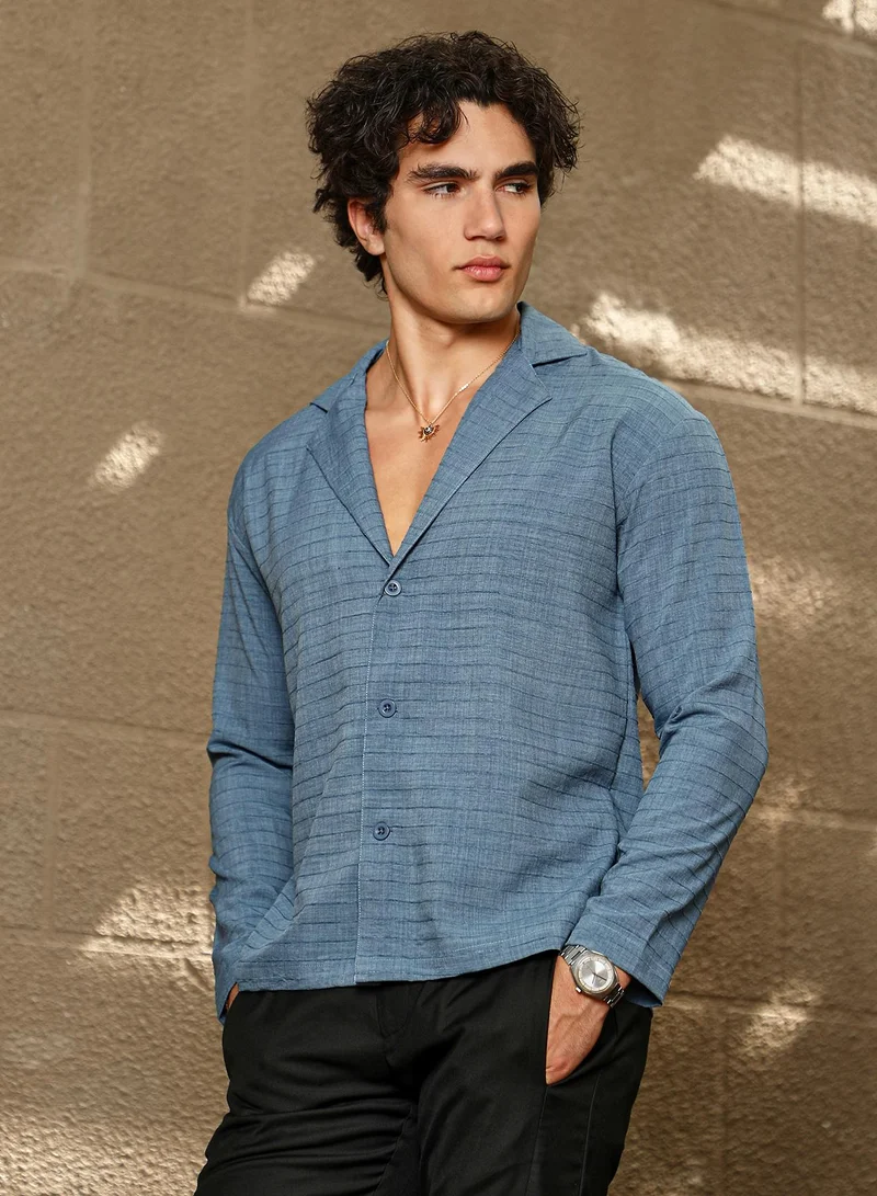 Campus Sutra Men's Azure Blue Striped Cuban Shirt