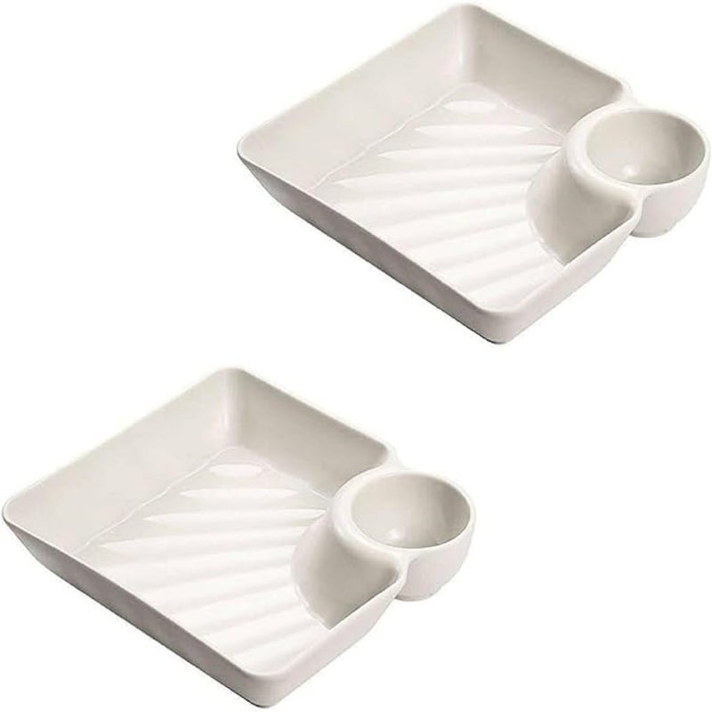 LYBAA LYBAA Dumpling Plates with Sauce Compartment Square Serving Plates with Sauce Holder Snack Platter Dessert Dish French Fries Plate White 2  - Image 1