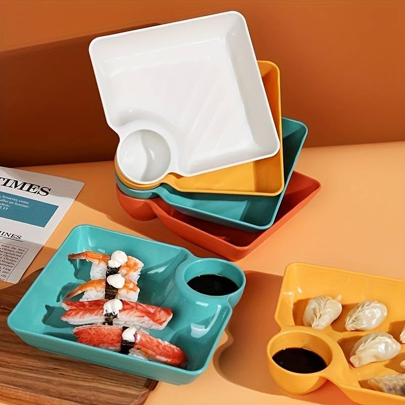 LYBAA LYBAA Dumpling Plates with Sauce Compartment Square Serving Plates with Sauce Holder Snack Platter Dessert Dish French Fries Plate White 2  - Image 3