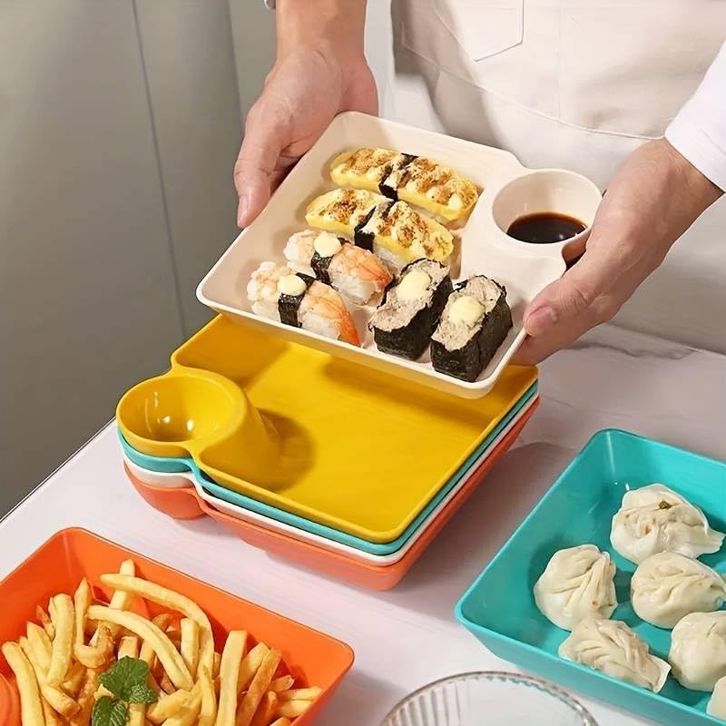 LYBAA LYBAA Dumpling Plates with Sauce Compartment Square Serving Plates with Sauce Holder Snack Platter Dessert Dish French Fries Plate White 2  - Image 4