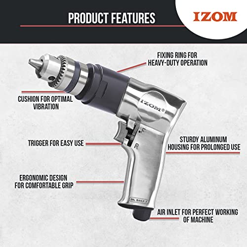 IZOM Iz-4031 3/8" (10Mm) Pneumatic Reversible Drill 1800 Rpm Aluminum Alloy 90 Psi Forward/Reverse Lever With Exhaust&Variable Speed Throttle,Multicolor - Image 2