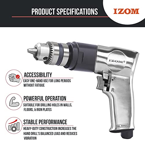 IZOM Iz-4031 3/8" (10Mm) Pneumatic Reversible Drill 1800 Rpm Aluminum Alloy 90 Psi Forward/Reverse Lever With Exhaust&Variable Speed Throttle,Multicolor - Image 3