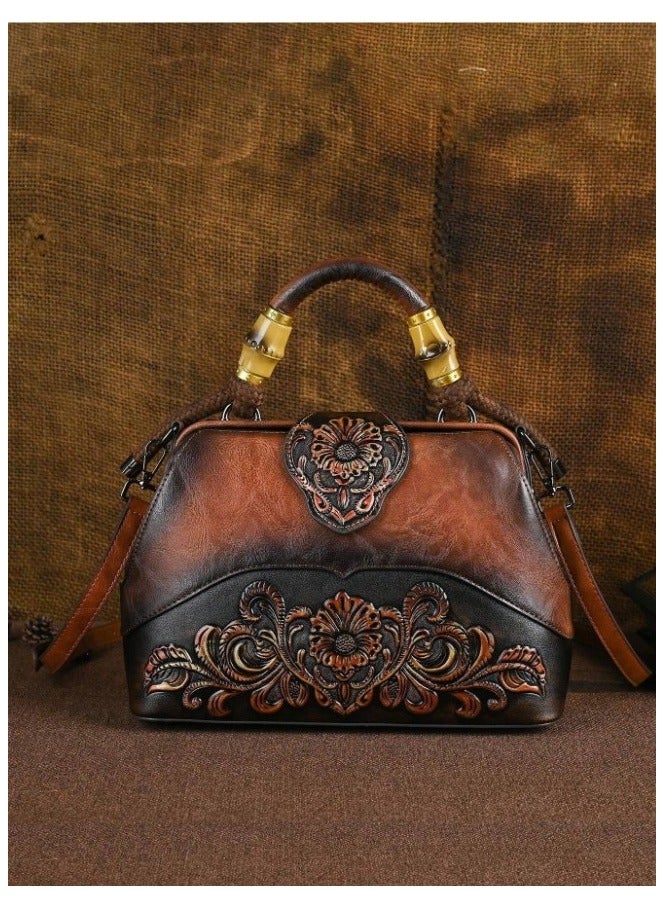 BAOER Women's hand and shoulder bag made of luxurious leather carved in the shape of flowers, a luxury crossbody bag with a handle made of braided fabric covered with leather and a detachable strap in a classic antique style, a women's bag with a magnetic closure and an inner lining with an internal zipper, 31 * 21 cm  - Image 1