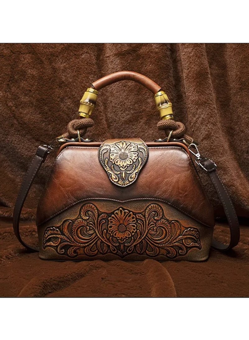 BAOER Women's hand and shoulder bag made of luxurious leather carved in the shape of flowers, a luxury crossbody bag with a handle made of braided fabric covered with leather and a detachable strap in a classic antique style, a women's bag with a magnetic closure and an inner lining with an internal zipper, 31 * 21 cm  - Image 2