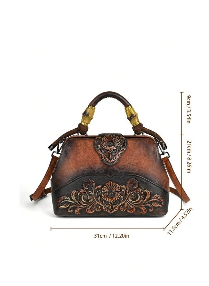 BAOER Women's hand and shoulder bag made of luxurious leather carved in the shape of flowers, a luxury crossbody bag with a handle made of braided fabric covered with leather and a detachable strap in a classic antique style, a women's bag with a magnetic closure and an inner lining with an internal zipper, 31 * 21 cm  - Image 3