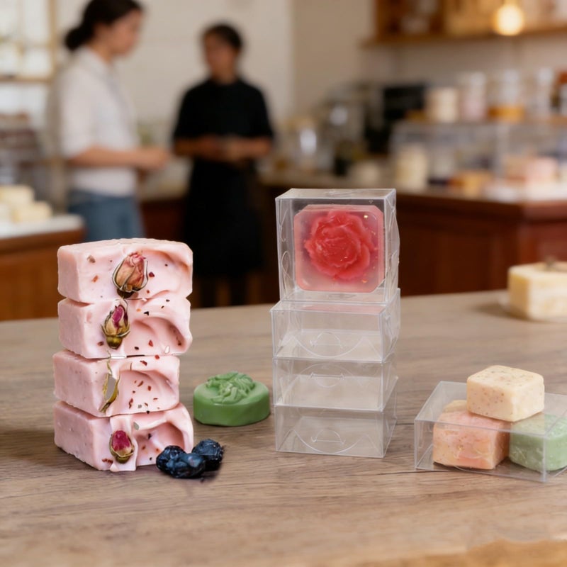 JCXGRVC 3.25"X3.25"X1.5" 30PCS Clear Homemade Fudge Boxes Cookies Boxes Soap Boxes Chocolate Truffle Box for 5, Macaron Box Chocolate-covered Cherries Brownie Mini Bakery Boxes - Image 3