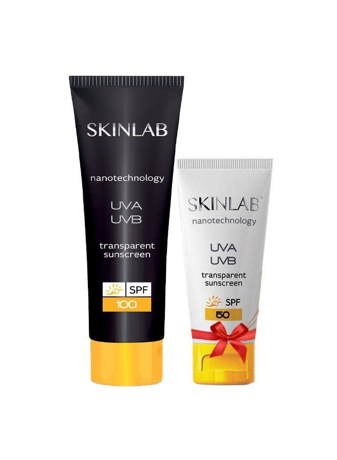 UVA/UVB SPF50 Sunscreen 100 mL + Skinlab UVA/UVB SPF50 Transparent Sunscreen 50 mL FREE PROMO PACK