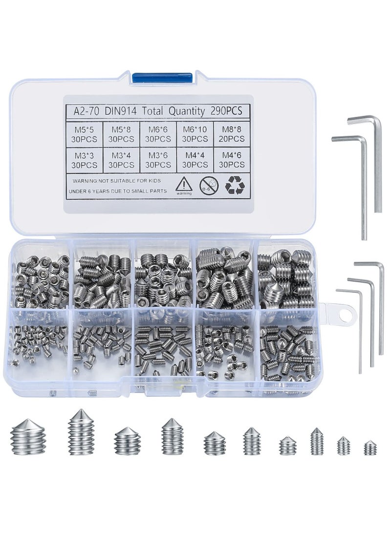Y&D Stainless Steel Grub Cone Point Hex Socket Screws Set, 290 Pcs Metric Thread Allen Key Cup Screw Set with M3 M4 M5 M6 M8 for Door Handles Faucet Light Fixture - Image 1