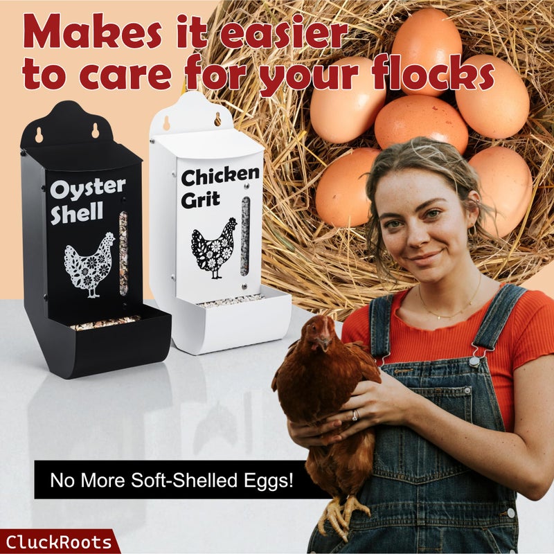 woobud مجموعة مغذي دجاج CluckRoots مع حصى دجاج وقشرة محار، تصميم متين مقاوم للعوامل الجوية، موزع معدني مثبت على الحائط مع نافذة عرض، هدايا لملحقات حظائر الدجاج لعشاق النساء - Image 2