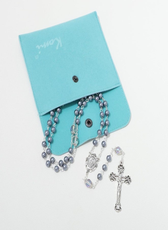 KOMI 6MM Cross Pearl Rosary Beads Catholic Rosary Necklace for Women with Velvet Bag, Glass, No Gemstone - Image 4