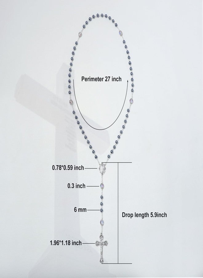 KOMI 6MM Cross Pearl Rosary Beads Catholic Rosary Necklace for Women with Velvet Bag, Glass, No Gemstone - Image 3