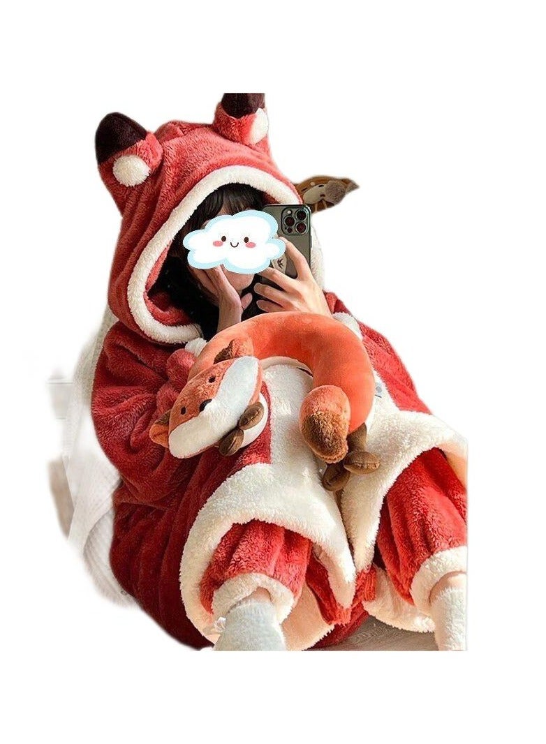 Nariele Winter Warm Little Fox Nightgown Cute Girl Plush Thickened Loose Long Sleepwear - Image 1