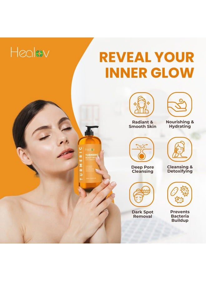 Healov غسول الجسم بالكركم – صابون لتفتيح البشرة للبقع الداكنة، فرط التصبغ – غسول وجه مقشر بالكركم يقلل من حب الشباب، الندوب، وينظف البشرة – صابون سائل طبيعي للاستحمام - Image 4