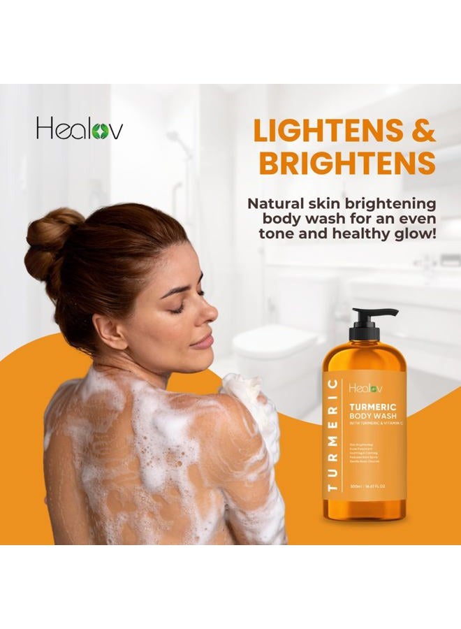 Healov غسول الجسم بالكركم – صابون لتفتيح البشرة للبقع الداكنة، فرط التصبغ – غسول وجه مقشر بالكركم يقلل من حب الشباب، الندوب، وينظف البشرة – صابون سائل طبيعي للاستحمام - Image 3